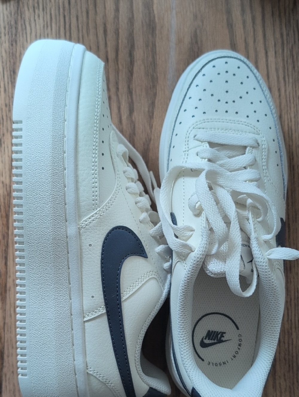 Nike Cream Leather Sneakers with Navy Swoosh